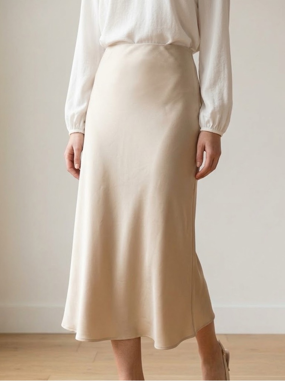 Rachel Zoe Satin Ivory Midi Skirt